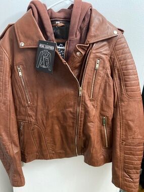 Real Leather Cognac Brown Moto Jacket with Removable Hoodie XL
